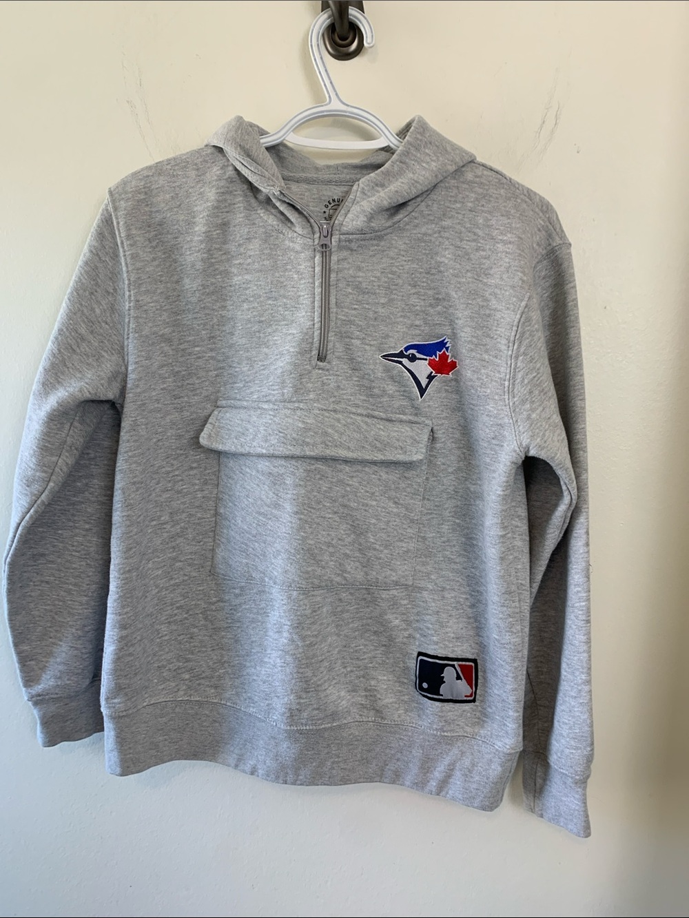 Toronto Blue Jays Boys Grey Quarter-Zip Hoodie Sweatshirt, Front Zip Pocket